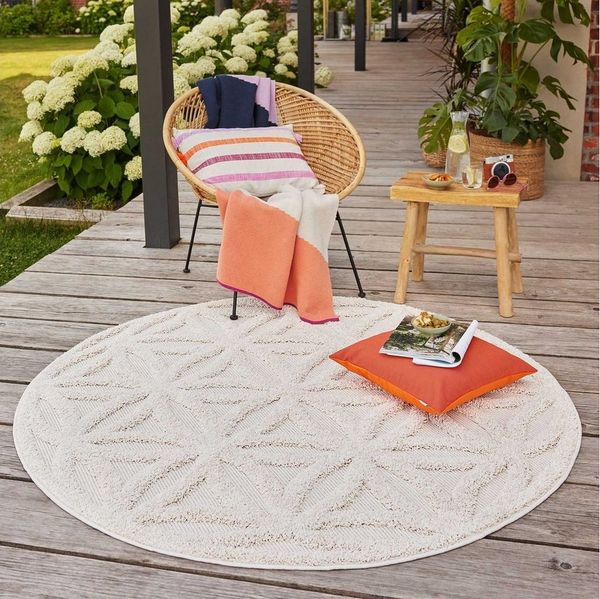 Esprit Outdoorteppich Shake, ESP54232, rund, Höhe: 2 mm, Hoch-Tief-Effekt, Blume des Lebens - Motiv, uni, robust, Terrasse