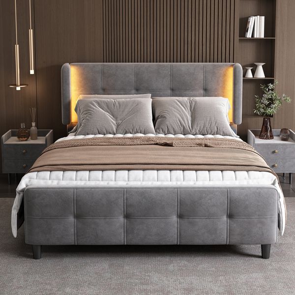 Polsterbett 140×200 cm mit Rausfallschutz, LED-Beleuchtung, grauem Samt und ohne Matratze