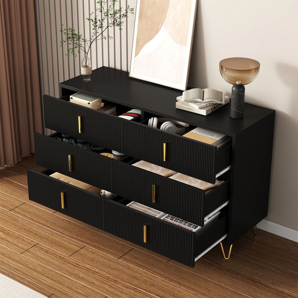 Sideboard 120x40 cm Schwarz Gold 6 Schubladen Wellenfront TV Schrank Lowboard Aufbewahrung Wohnzimmer Esszimmer