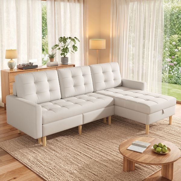 Merax 212cm Ecksofa mit Stauraum, L Sofa wechselbare Chaiselongue, 3 Sitzer Eckcouch Vliesstoff, Ecksofa für kleine Wohnung, Couch mit Stauraumfach, Beige Wohnzimmer Sofa