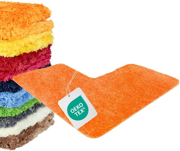 WohnDirect Eck-Badezimmerteppich L-Form 100x100 Orange – Badematte für Eckdusche rutschfest, Flauschiger Winkel-Badvorleger 50cm Breit, Waschbar & Fußbodenheizung