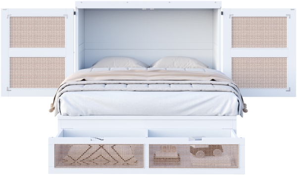 Merax Doppelbett Schrankbett 140 x 200 cm, Wandbett mit Lattenrost, Wandklappbett, vertikales schrankbett mit Lattenrost, mit Stauraumschubladen, Rattan-Design, Holzbetten, Weiß