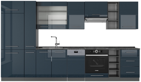 Küchenzeile Fame-Line Dunkelblau Hochglanz/Anthrazit 355 cm ohne Arbeitsplatte Vicco