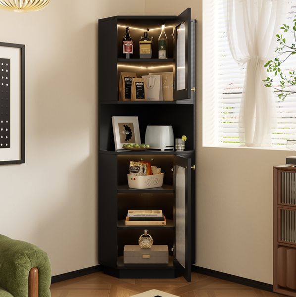 Bad-Eckschrank mit Lichtleiste, B 45 x T 45 x H 166,5 cm, aus MDF in Schwarz
