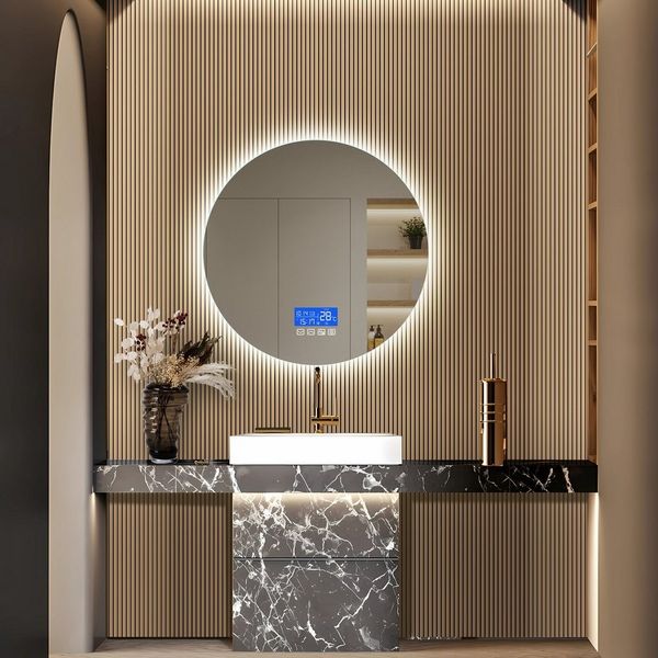 PXloue Badezimmerspiegelschrank Runder Spiegel mit LED-Uhr und Temperaturanzeige Stylisches Design mit Uhr, Datum und Temperatur für das Badezimmer.