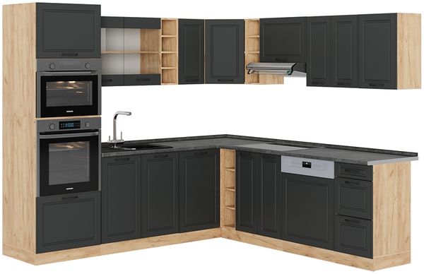 Eckküche R-Line Anthrazit Landhaus/Goldkraft Eiche 247 x 46 cm ohne Arbeitsplatte Vicco