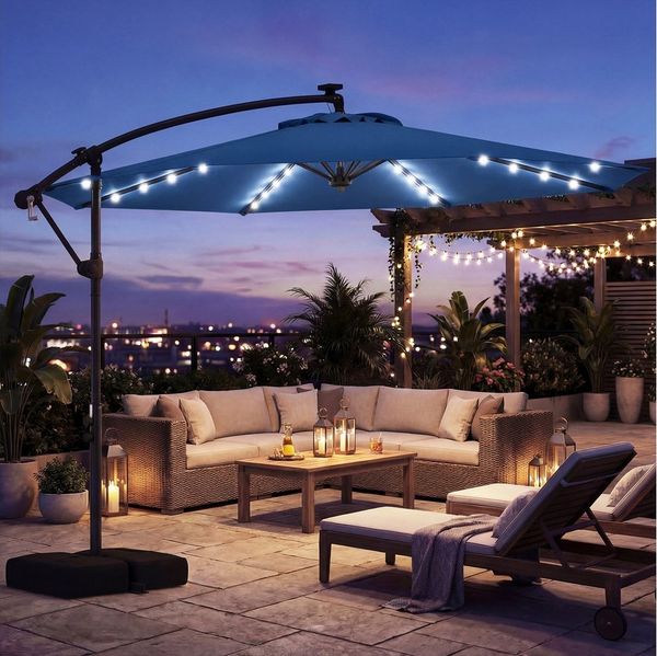 COSTWAY Sonnenschirm Balkonschirm, mit Ständer und LED, 300 cm Ampelschirm 360° drehbar