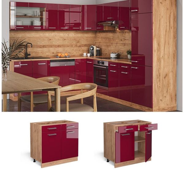 Vicco Küchenschrank Küchenzeile R-Line, Bordeaux Hochglanz, Schubladenunterschrank 80 cm, ohne AP Bild 2