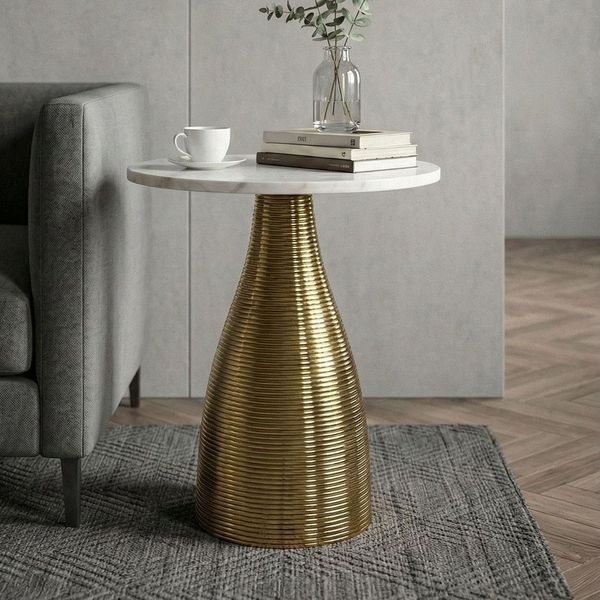 FINEBUY Beistelltisch FB77366 Wohnzimmertisch Rund Marmorplatte Weiß Anstelltisch Couchtisch (Skulpturale Metallbasis mit feiner Struktur), Eleganter Naturstein für Dein Zuhause