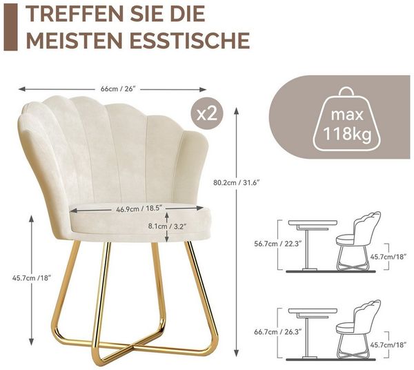 HawthyHome Polsterstuhl Polstersessel mit Blütenblatt-Rückenlehne & Goldene Metallbeine (2 St), ideal für Esszimmer & Schminktisch