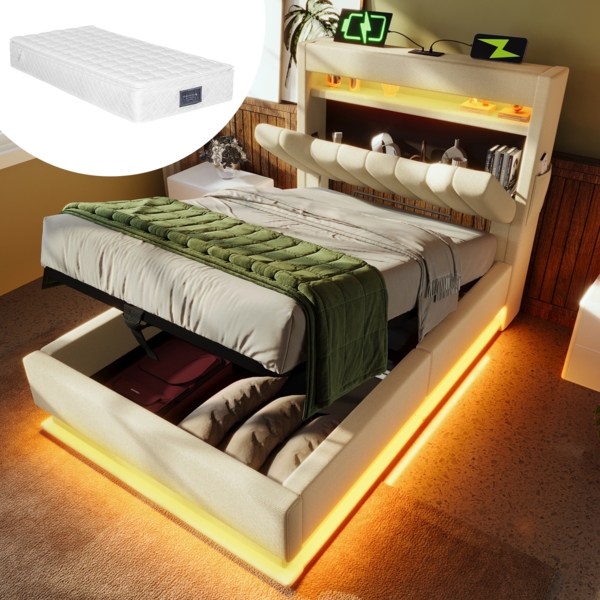 Polsterbett Einzelbett, Stauraum-Kopfteil mit USB- und Typ-C-Anschlüssen, LED-Beleuchtung am Kopf- und Fußende des Bettes, mit Hydraulischem Stauraum, Leinen, Beige, Mit Matratze, 90 x 200 cm