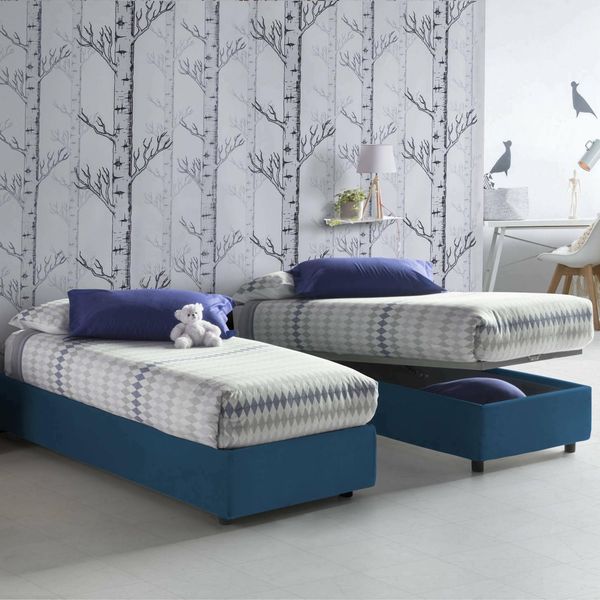 Talamo Italia - Einzelbett Laura, Bettkasten mit Stoffbezug, 100 % Made in Italy, Öffnung vorne, geeignet für Matratzen 90x200 cm, Blau