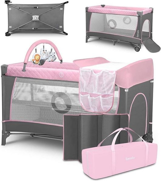 Lionelo Flower 4in1 Reisebett Baby mit Seiteneingang, Wickeltisch, Zwei Matratzenaufhängungshöhen, Spielzeugbogen mit Spielfiguren, Rollen, Tragetasche