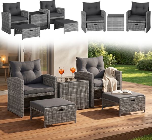 STEELSØN 'Selaria' Polyrattan Sitzgarnitur 5-tlg, Gartenmöbel Set aus 2 Stühlen, 2 Sitzhocker und Tisch, Sitzgruppe inkl. Kissen, grau-meliert, wetterfest für 4 Personen