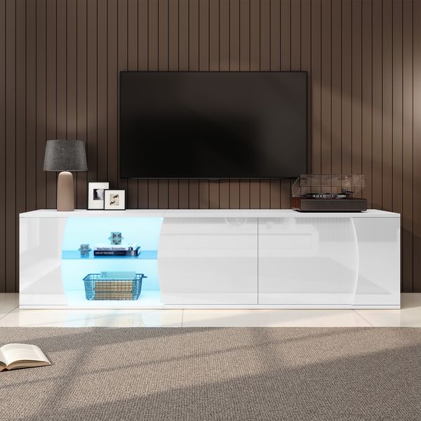 Merax 180cm TV-Schrank, lowboard Mit 3 Schranktüren, Schrank aus gehärtetem Glas, Hochwertiger Entertainment-TV-Schrank mit LEDs, Stand-TV-Ständer, geeignet für 80-Zoll-Fernseher