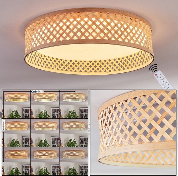 hofstein Deckenleuchte Deckenlampe im Boho-Design aus Metall/Bambus/Kunststoff in Weiß/Natur, ohne Leuchtmittel, Deckenleuchte dimmbar, Fernbedienung, Memory-Funktion, CCT einstellbar