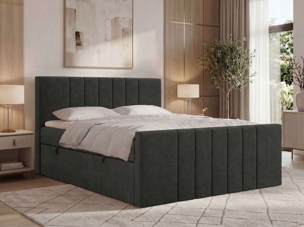 Boxspringbett INERO DUO, Doppelbett mit Multipocket-Matratze H3, Boxspringbett mit Stauraum, gestepptes Kopfteil - 160x200 - Dunkelgrau Stukture - Topper T25
