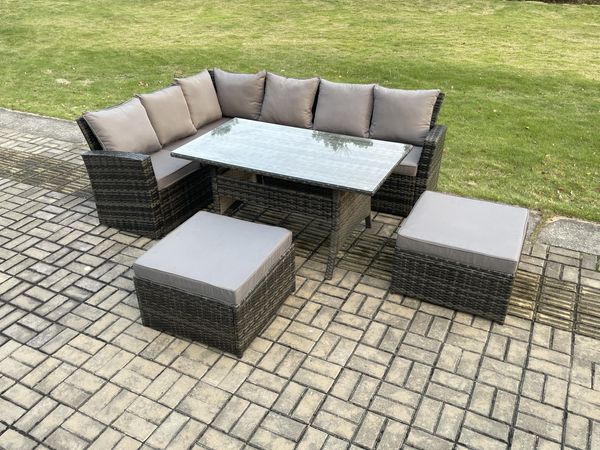 Fimous 8 Sitzer Hoher Rücken Rattan Gartenmöbel-Set Ecksofa mit Rechteckiger Esstisch 2 Großer Hockern Dunkelgrau gemischt