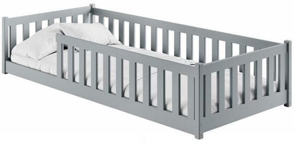 Kids Collective Kinderbett Bodenbett Bett mit Rausfallschutz & Lattenrost Montessori Bett Kinder (Jungen Mädchen Kinder weitere Größen 80x160, 80x180, 90x200, 120x200, 140x200 cm), Jugendbett Einzelbett Aschgrau Kiefer 90x190 cm