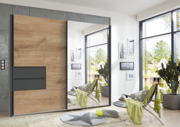 Schwebetürenschrank Kleiderschrank Passepartout 262cm Schubl. Grau Eichef. Spiegel Bild 3