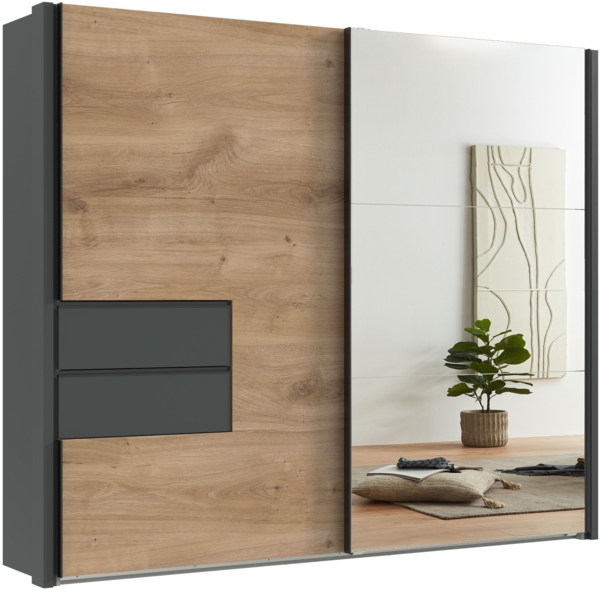 Schwebetürenschrank Kleiderschrank Passepartout 262cm Schubl. Grau Eichef. Spiegel Bild 1