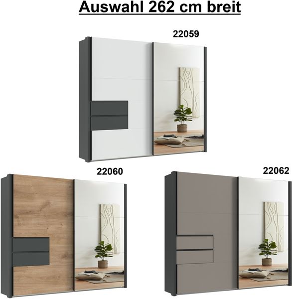 Schwebetürenschrank Kleiderschrank 262cm Passep. Spiegel Schubl. Grau Eiche Dekor Bild 9