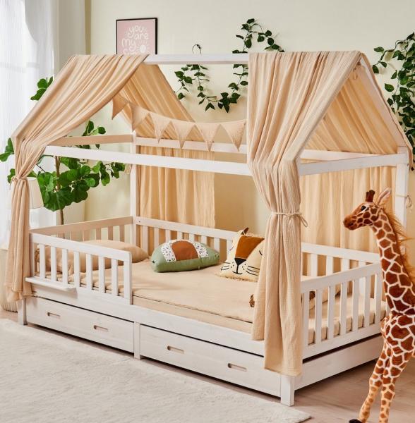 Alavya Home® Betthimmel Dekoset (2 Stück Betthimmel 1 Stück Wimpelkette 300cm cm lang mit 9 Stück Wimpeln, 3-tlg), Dekoset aus 100% Bio-Musselin Baumwolle 125x350 cm