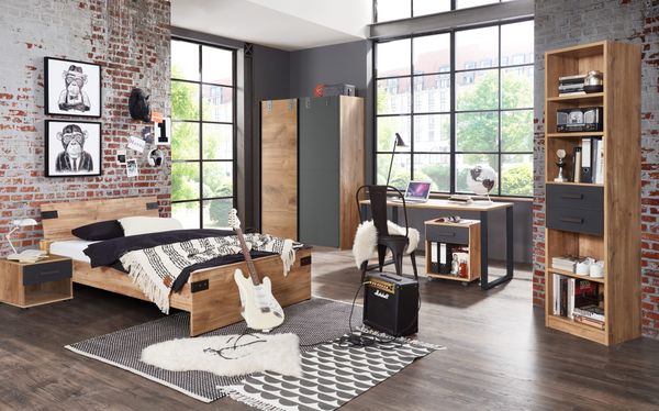 Jugendzimmer Liverpool Schwebetürenschrank in Plankeneiche und Graphit - Kinderzimmer Komplett Set – verschiedene Set Varianten - 6 teilig , Schwebetürenschrank + 140er Jugendbett + Nachttisch + Schreibtisch + Rollcontainer + Standregal , 140 x 200 cm