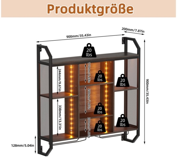 TWSOUL Weinregal Schwebende Wandregal Mit LED-Licht, mit Glasregal, Verstellbares Regal, 90*90cm Wandmontage Flaschenhalter für Bars, Weinkeller, Küche Bild 2