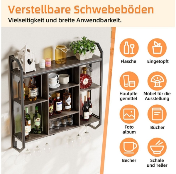 TWSOUL Weinregal Schwebende Wandregal Mit LED-Licht, mit Glasregal, Verstellbares Regal, 90*90cm Wandmontage Flaschenhalter für Bars, Weinkeller, Küche Bild 3
