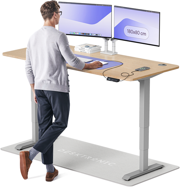Desktronic HomePro Elektrisch höhenverstellbarer Schreibtisch 180x80cm Bambus/Grau mit Memory-Funktion, Anti-Kollisions Technologie, USB-A und USB-C-Ladeanschlüssen