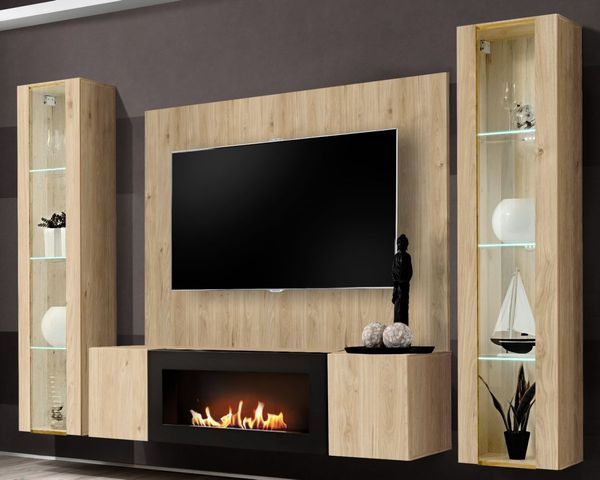 Wohnwand Option in Kaschmir mit Kamin und LED 260 cm