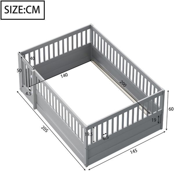 Bett 140x200 cm ohne Matratze, Kinder-Bodenbett aus Holz in Grau mit Schutzgitter und Tür Bild 5