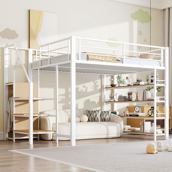 Merax Hochbett, Einzelbett, Jugendbett, 140*200cm, mit Sicherheitstreppe, Stauraum und kleinem Kleiderschrank, Einlegeböden, weiß