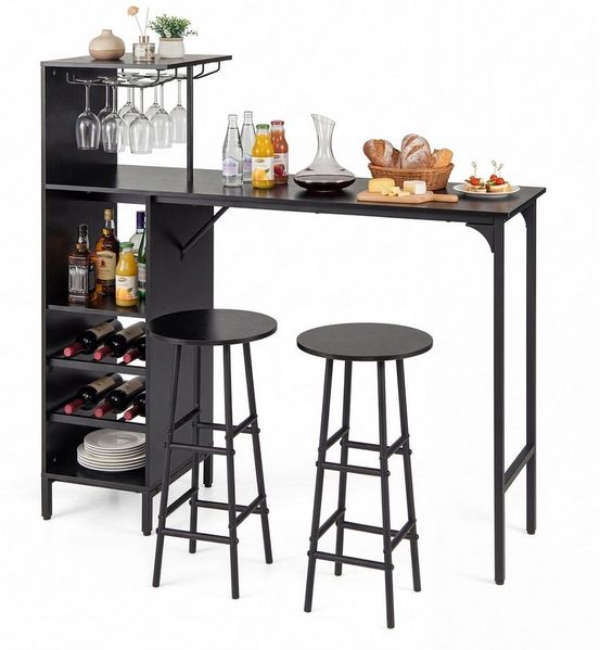 COSTWAY Bartisch (3 TLG. mit Hockern), mit Weinregal & Halterungen