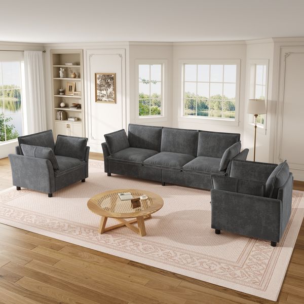Merax Sofakombination, Modulares Sofa-Set, Frei Kombinierbar, Chenille Stoff Sofa, 3-Sitzer + 2 Sessel, Mit Kissen, Weich Gepolstert, Wohnzimmer Sofa, Grau