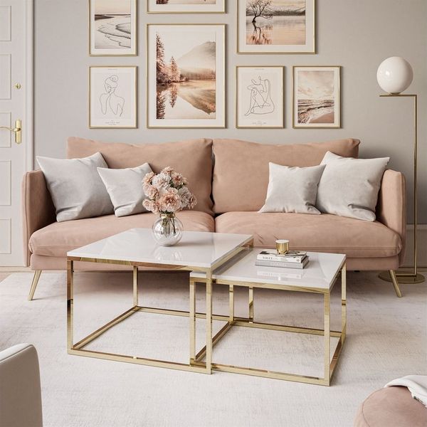Lookway Couchtisch YOSHI 2in1 mit Goldenem Chromgestell (2er-Set), Breite: 70 cm und 60 cm