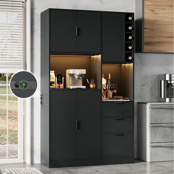 Flieks Küchenbuffet mit Steckdosen, LED-Beleuchtung und verstellbaren Einlegeböden (1-St, B105/T40/H180 cm) Hochschrank Küchenschrank mit verstellbaren Einlegeböden Schwarz