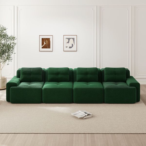 Sofa Modular 4-Sitzer mit Sitzfläche Tiefsitz 74 cm, Cordstoff Grün, 32D-Schaum, boneless Komfort, montagefrei,382*104*69 cm