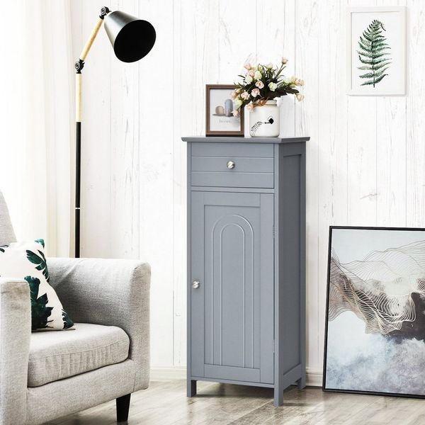 COSTWAY Badezimmerschrank Badschrank, freistehender Schrank mit Schublade & 2 verstellbaren Regale, Bad Midischrank Badkommode schmal, Beistellschrank Kommode Holz für Schlafzimmer Wohnzimmer (Grau)