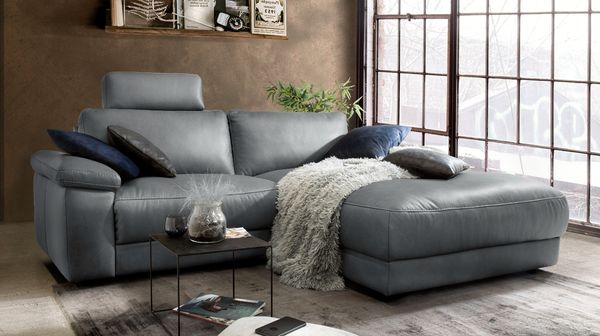 KAWOLA Sofa LOLA Ecksofa Leder grau mit motorischer Relaxfunktion Recamiere rechts 82 x 178 x 233 cm