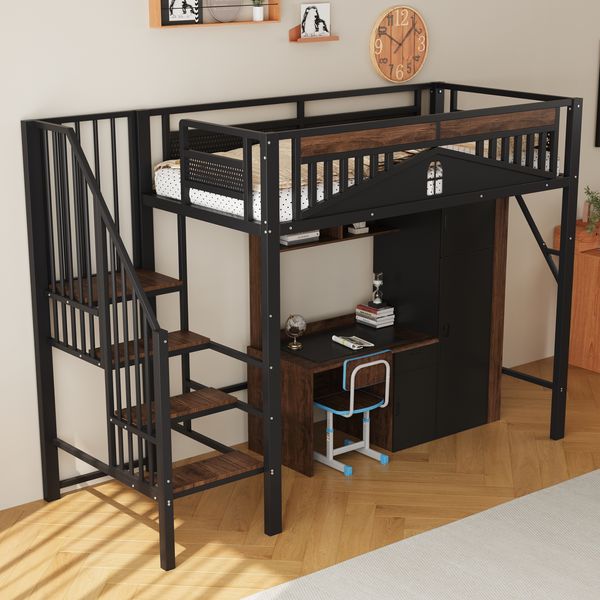 Metall-Hochbett Einzigartige Sicherheitsumrandung mit Fenster Mit Sicherheitsleiter Genügend Platz unter dem Bett für freien Stoffbezug Metall Schwarz 90 x 200 cm