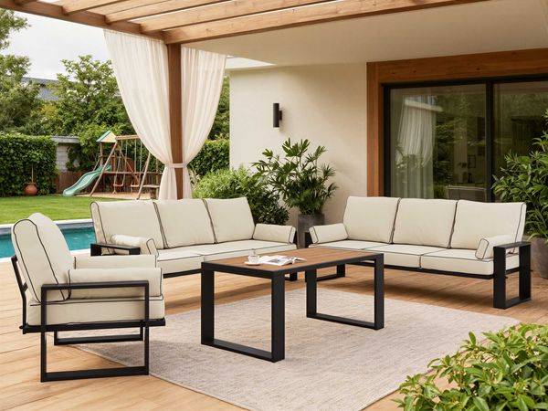 Gartenlounge Set für 7 Personen mit zwei Sofas, Sessel und Tisch, Gartenmöbel auf Metallbeinen - ELBA 3 - beige