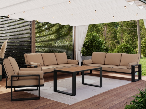 Gartenlounge Set für 7 Personen mit zwei Sofas, Sessel und Tisch, Gartenmöbel auf Metallbeinen - ELBA 3 - beige