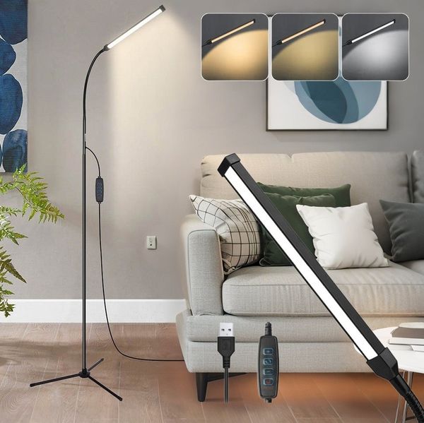 LMaxhome LED Stehlampe Wohnzimmer Dimmbar mit 3 Farbtemperaturen 152cm Stehleuchte Leselampe, Höhenverstellbar, LED fest integriert, 3000K Warmweiß, 4000K Naturweiß, 6000K Kaltweiß, 360° Schwanenhals Eckleuchte für Schlafzimmer Spa Salon Reading Makeup