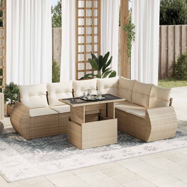vidaXL 7-tlg. Garten-Sofagarnitur mit Kissen Beige Poly Rattan 3326649