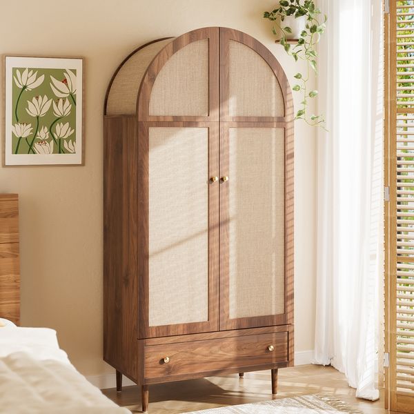 Merax Kleiderschrank mit Schubladen, Holztüren mit Leinenstoff-Bezug, großer Stauraum, Garderobenschrank für Schlafzimmer, moderne Aufbewahrungslösung, Holzfarbe
