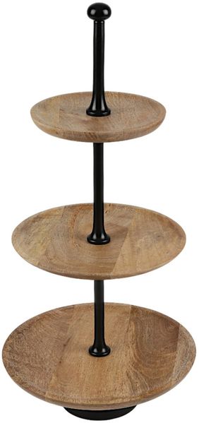 Etagere 3-stöckig Mangoholz mit Metallstange Ø28/23,5/17,5 cm Höhe 58 cm – stilvolle Holzetagere mit Metallstange für Obst Gebäck oder Deko, rustikal und elegant für Tisch & Buffet