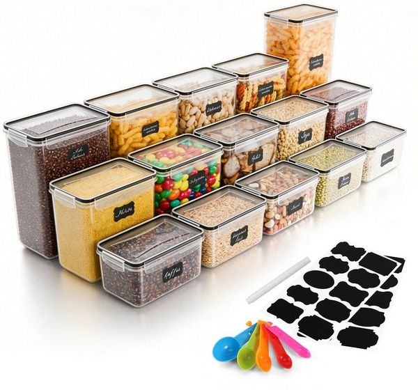 BlingBin Vorratsdose Frischhaltedose mit Deckel Luftdicht, Aufbewahrungsboxen Set, PP + Silikon, (15er Set, 15-tlg, Kapazität: 0,8L*5, 1,4L*5, 2L*4, 2,8L*1), Vorratsbehälter Mit Schreibstift,Messlöffel & Etikett für Mehl,Zucker
