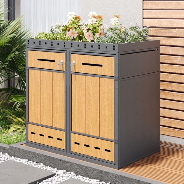 Mülltonnenbox mit oberem Pflanzkasten grau-Holzoptik 132×80×124 cm aus kaltgewalztem Stahl